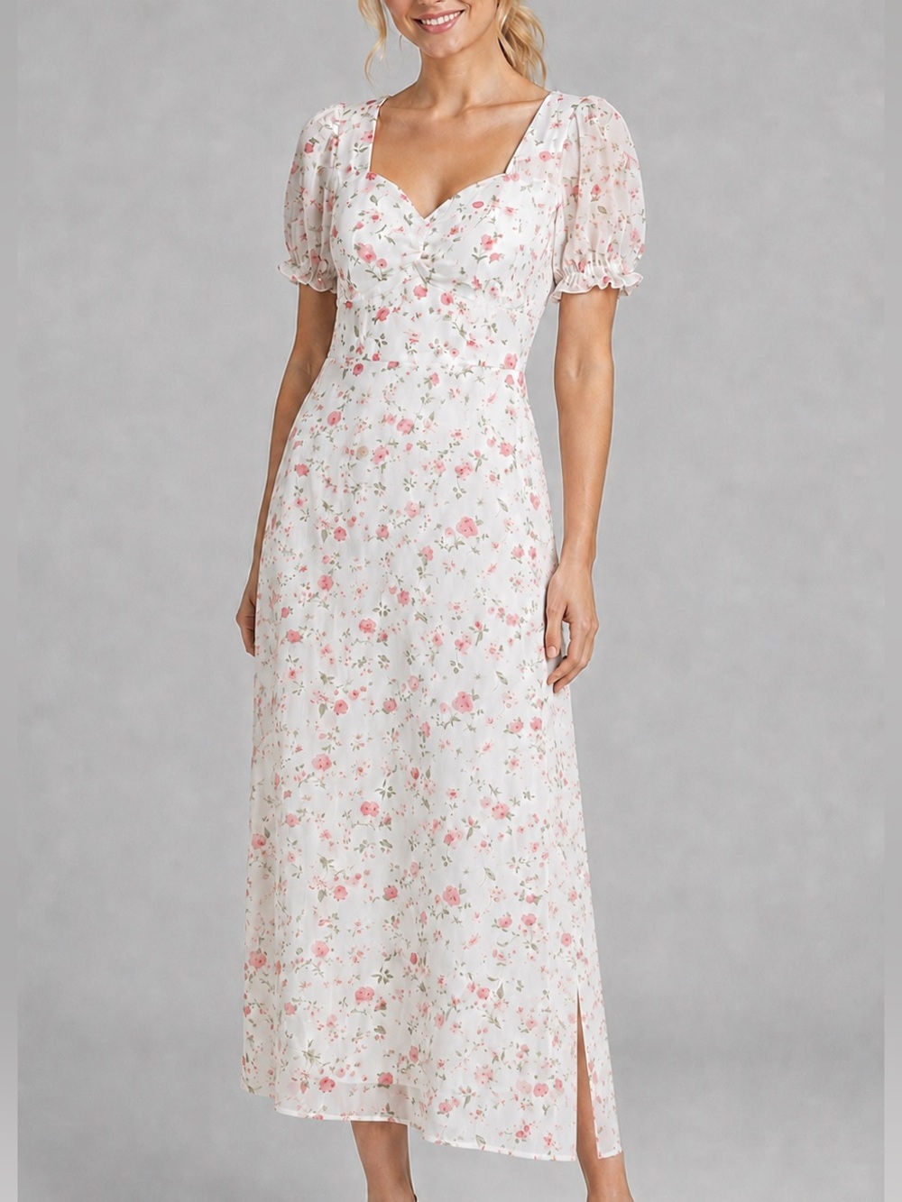 🆕🌸🌿Moonsea Pink Floral Puff Sleeve Sweetheart Midi Dress White Size M Party Chic